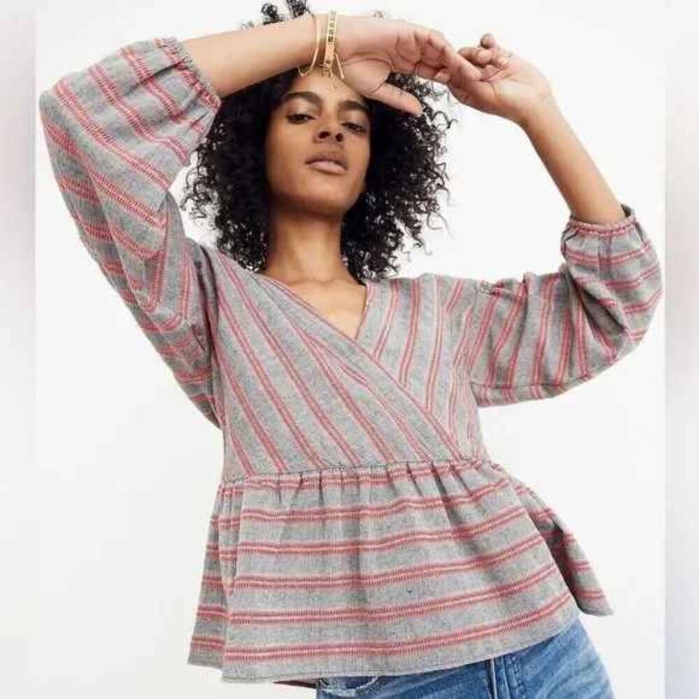 Madewell Striped Bubble Sleeve Peplum Top size M